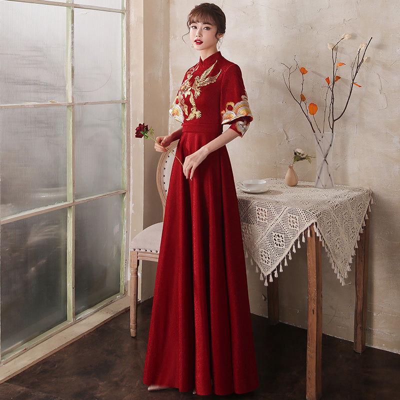 Bird & Floral Embroidery Velvet Oriental Evening Dress with French Cuff