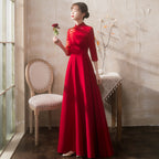 Floral Embroidery 3/4 Sleeve Velvet Oriental Evening Dress