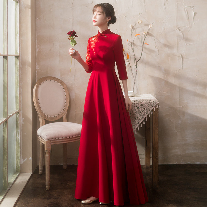 Floral Embroidery 3/4 Sleeve Velvet Oriental Evening Dress