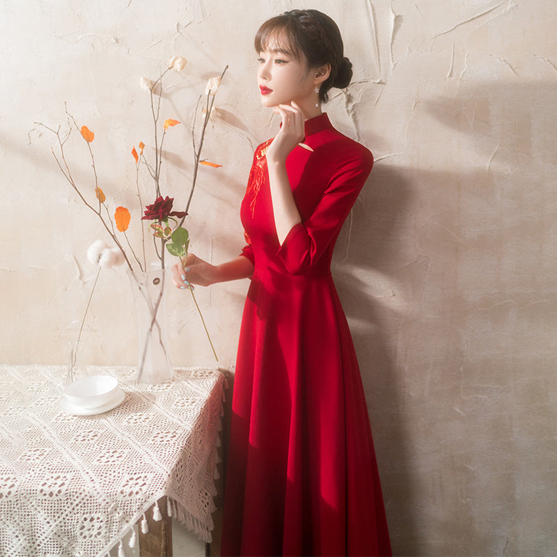 Floral Embroidery 3/4 Sleeve Velvet Oriental Evening Dress