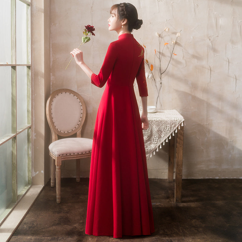 Floral Embroidery 3/4 Sleeve Velvet Oriental Evening Dress