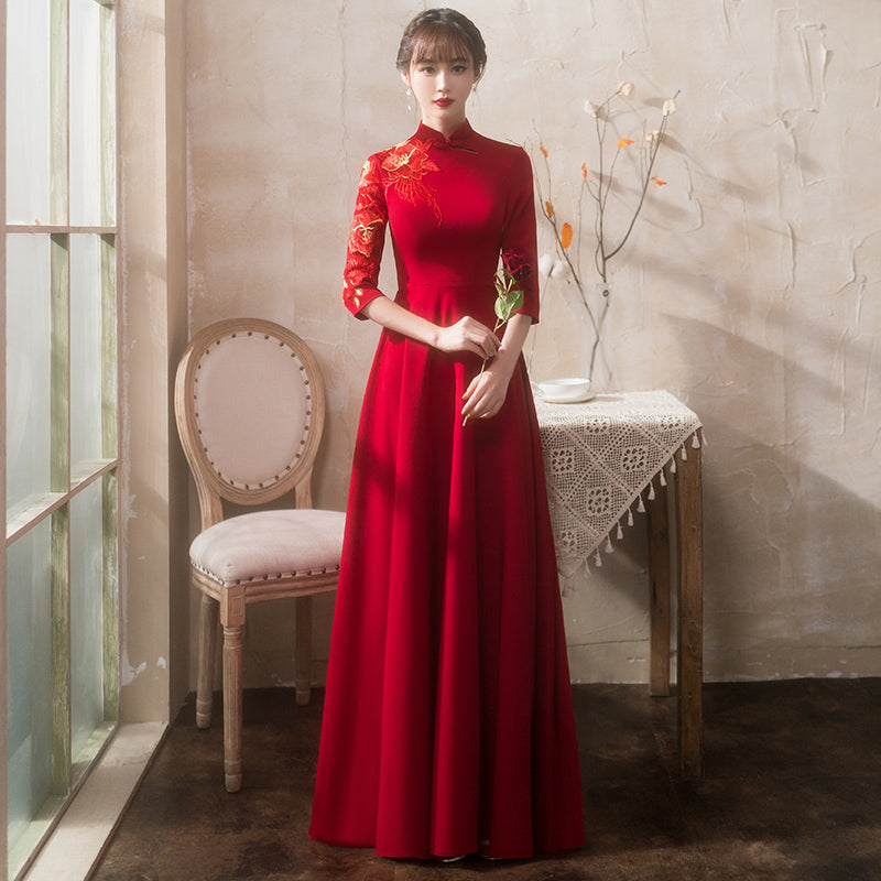 Floral Embroidery 3/4 Sleeve Velvet Oriental Evening Dress