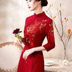 Floral Embroidery 3/4 Sleeve Open Front Velvet Oriental Evening Dress