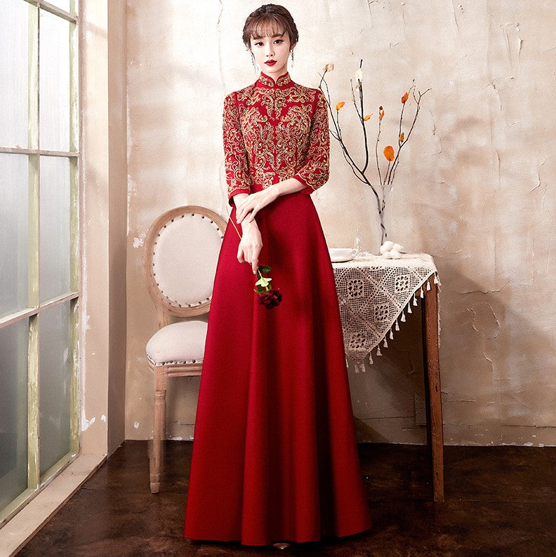 Floral Embroidery 3/4 Sleeve Full Length Velvet Oriental Evening Dress