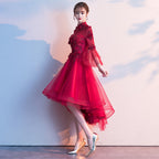 Floral Appliques Trumpet Sleeve Asymmetrical Hem Oriental Evening Dress