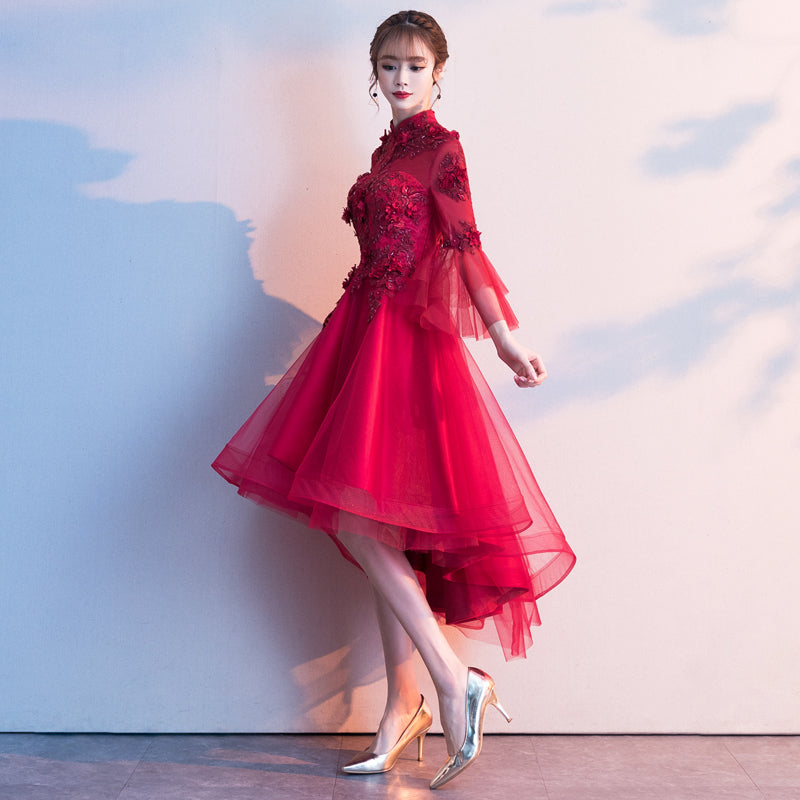 Floral Appliques Trumpet Sleeve Asymmetrical Hem Oriental Evening Dress