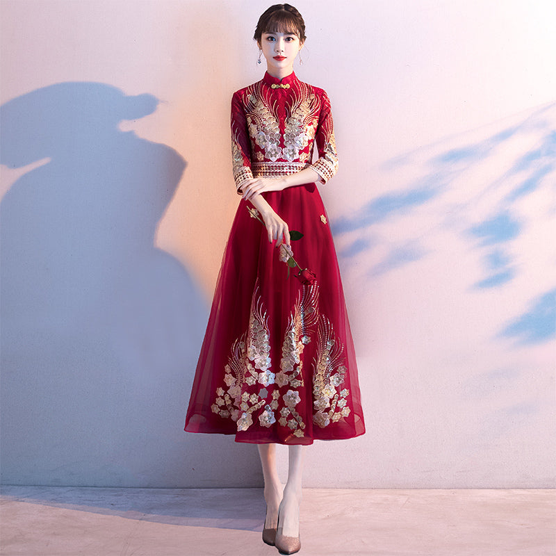 Floral Appliques 3/4 Sleeve Tea Length Oriental Evening Dress with Tassels