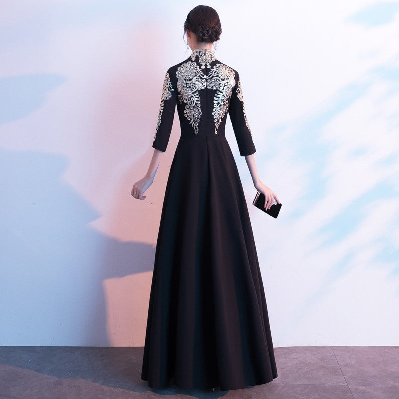 3/4 Sleeve V Neck Floral Embroidery Long Chinese Wedding Party Dress