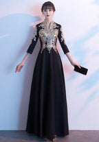 3/4 Sleeve V Neck Floral Embroidery Long Chinese Wedding Party Dress