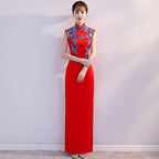 Blue & White Porcelain Embroidery Brocade Cheongsam Chinese Dress