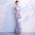 Cap Sleeve Cheongsam Top Floral Lace Mermaid Evening Dress
