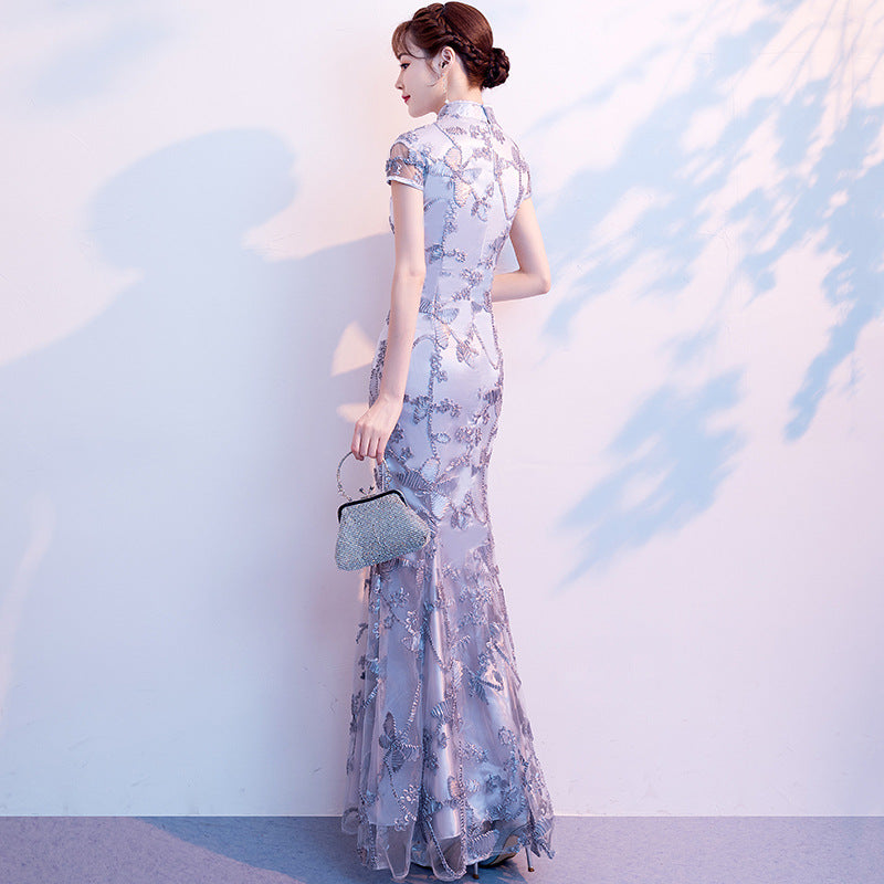 Cap Sleeve Cheongsam Top Floral Lace Mermaid Evening Dress