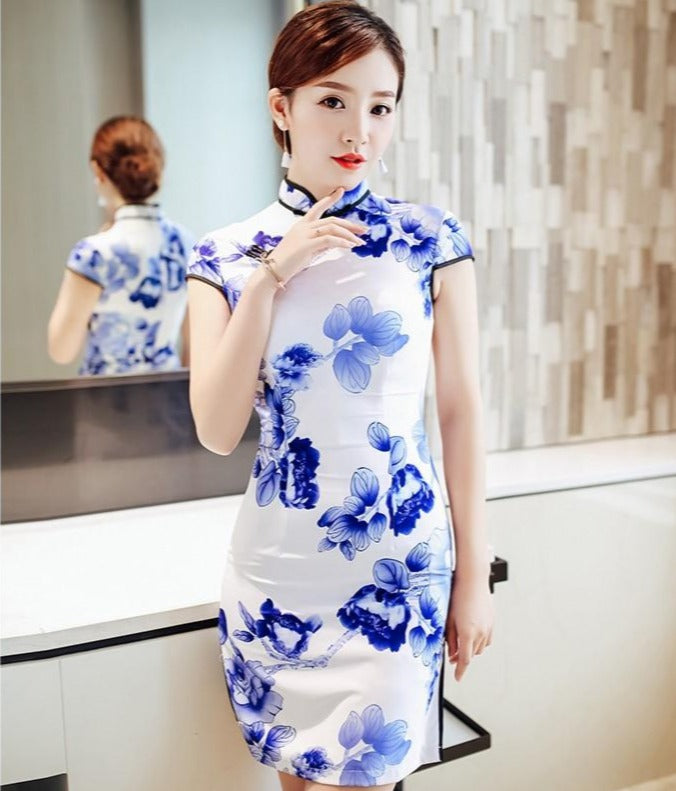 Blue and White Porcelain Pattern Silk Cheongsam Chinese Dress Day Dress