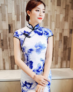 Blue and White Porcelain Pattern Silk Cheongsam Chinese Dress Day Dress