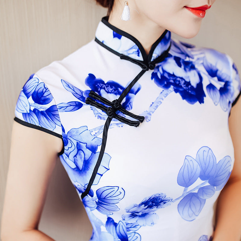 Blue and White Porcelain Pattern Silk Cheongsam Chinese Dress Day Dress