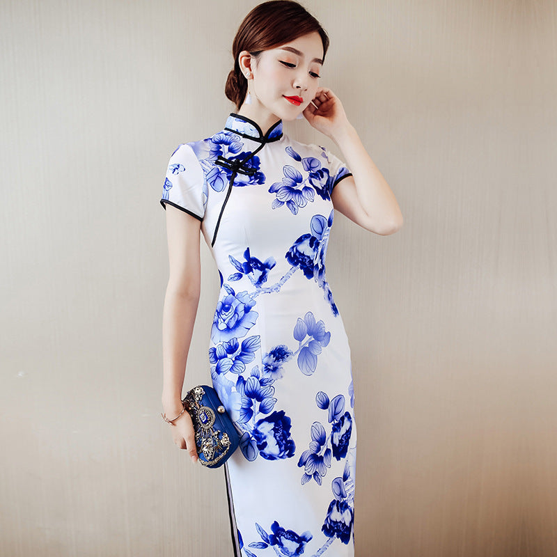 Blue and White Porcelain Pattern Silk Cheongsam Chinese Dress Day Dress