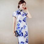 Blue and White Porcelain Pattern Silk Cheongsam Chinese Dress Day Dress