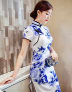 Blue and White Porcelain Pattern Silk Cheongsam Chinese Dress Day Dress