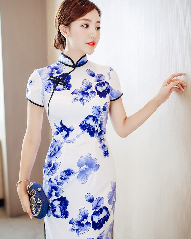 Blue and White Porcelain Pattern Silk Cheongsam Chinese Dress Day Dress