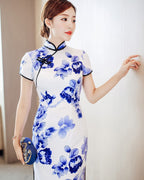 Blue and White Porcelain Pattern Silk Cheongsam Chinese Dress Day Dress