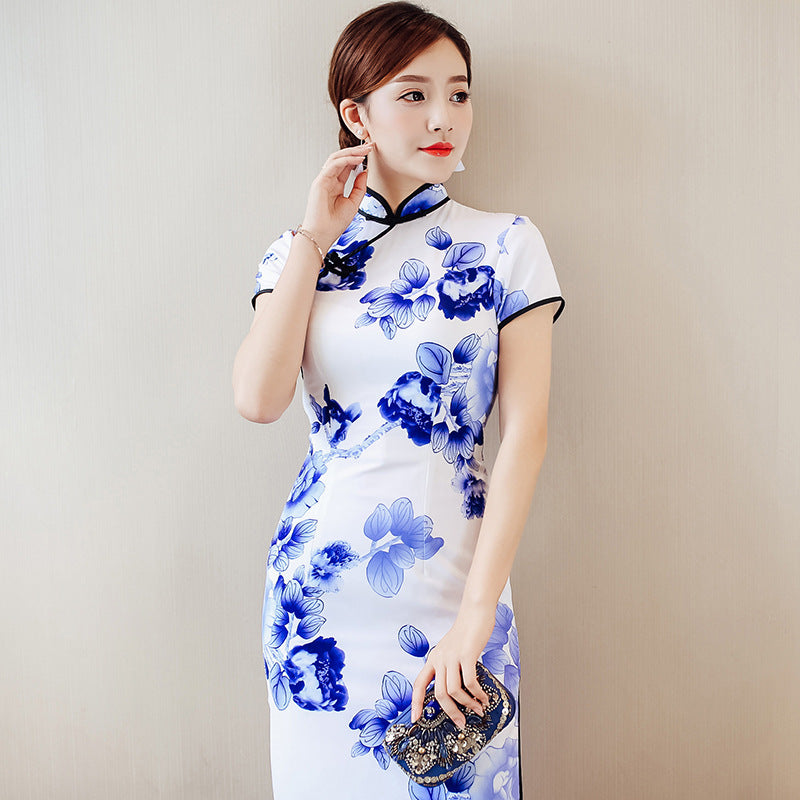 Blue and White Porcelain Pattern Silk Cheongsam Chinese Dress Day Dress