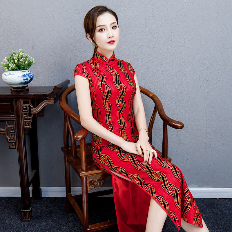 Cap Sleeve Mandarin Collar Traditional Cheongsam Lace Chinese Dress
