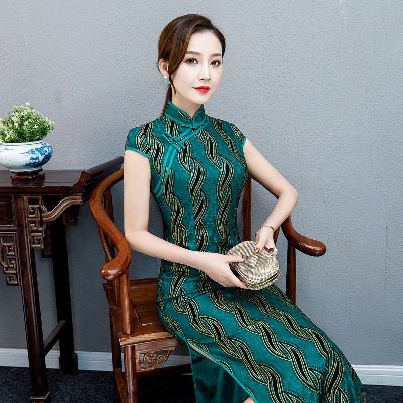 Cap Sleeve Mandarin Collar Traditional Cheongsam Lace Chinese Dress