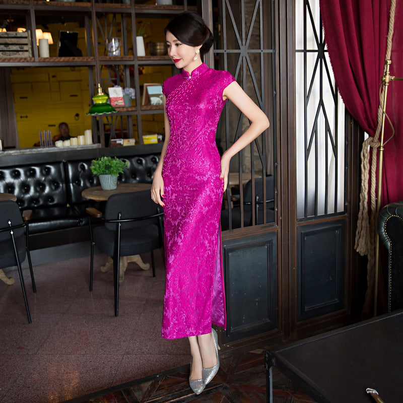 Cap Sleeve Full Length Cheongsam Floral Lace Chinese Dress
