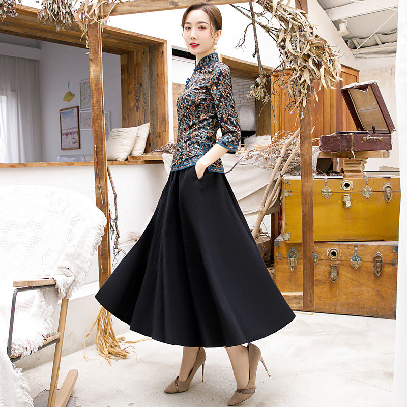 3/4 Sleeve Floral Watered Gauze Cheongsam Top Retro Chinese Blouse