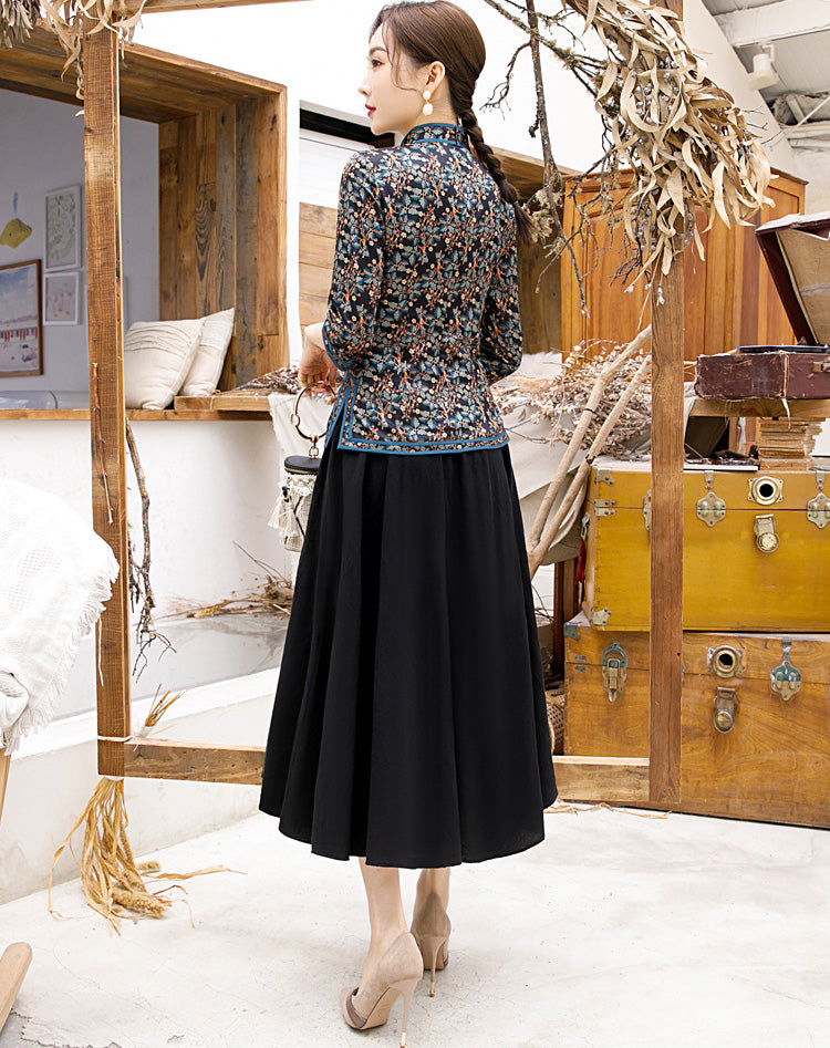 3/4 Sleeve Floral Watered Gauze Cheongsam Top Retro Chinese Blouse