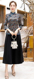 3/4 Sleeve Floral Watered Gauze Cheongsam Top Retro Chinese Blouse