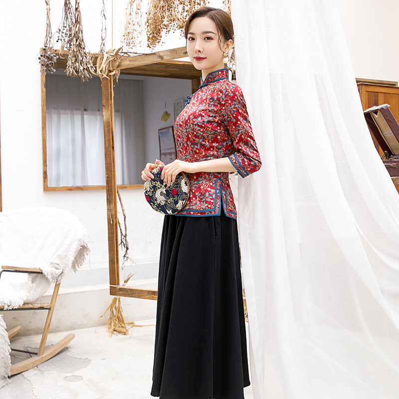 3/4 Sleeve Floral Watered Gauze Cheongsam Top Retro Chinese Blouse
