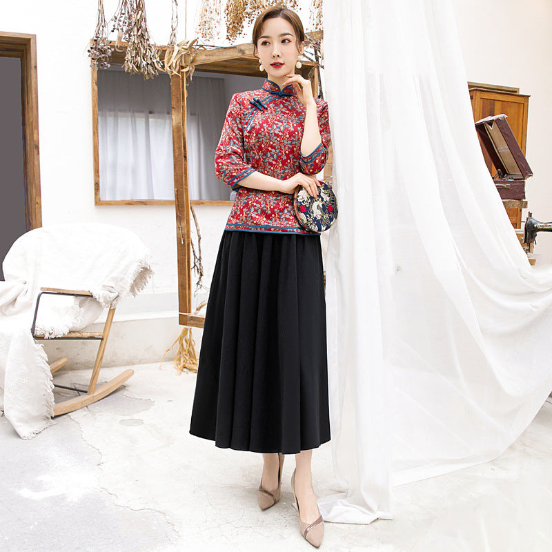 3/4 Sleeve Floral Watered Gauze Cheongsam Top Retro Chinese Blouse