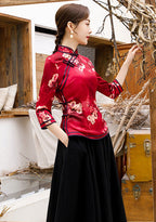 3/4 Sleeve Floral Watered Gauze Cheongsam Top Elegant Chinese Blouse