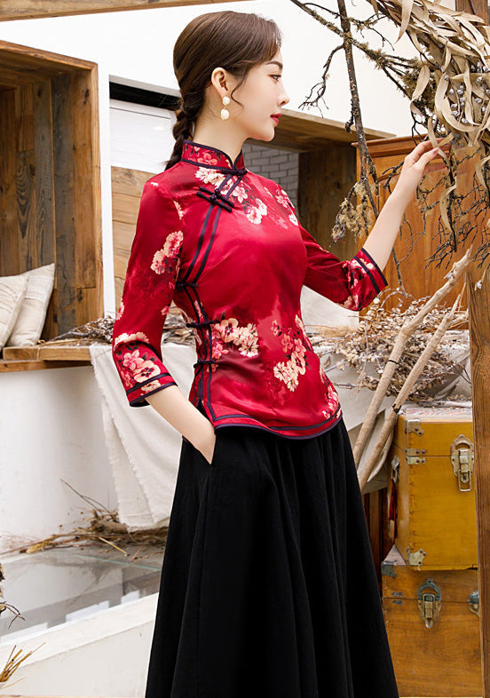 3/4 Sleeve Floral Watered Gauze Cheongsam Top Elegant Chinese Blouse