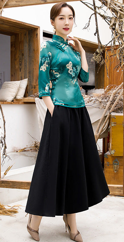 3/4 Sleeve Floral Watered Gauze Cheongsam Top Elegant Chinese Blouse
