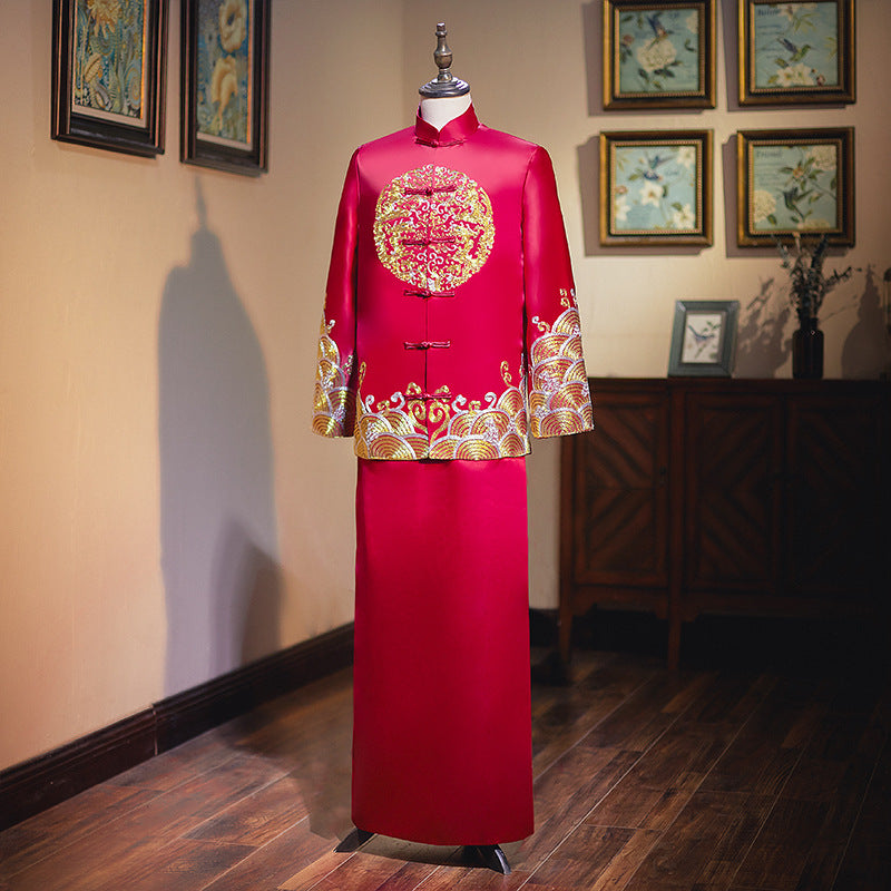 Auspicious Embroidery Full Length Retro Chinese Groom Suit