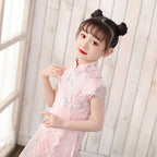 Cap Sleeve Cheongsam Top Pleated Skirt Floral Lace Girl's Chinese Dress