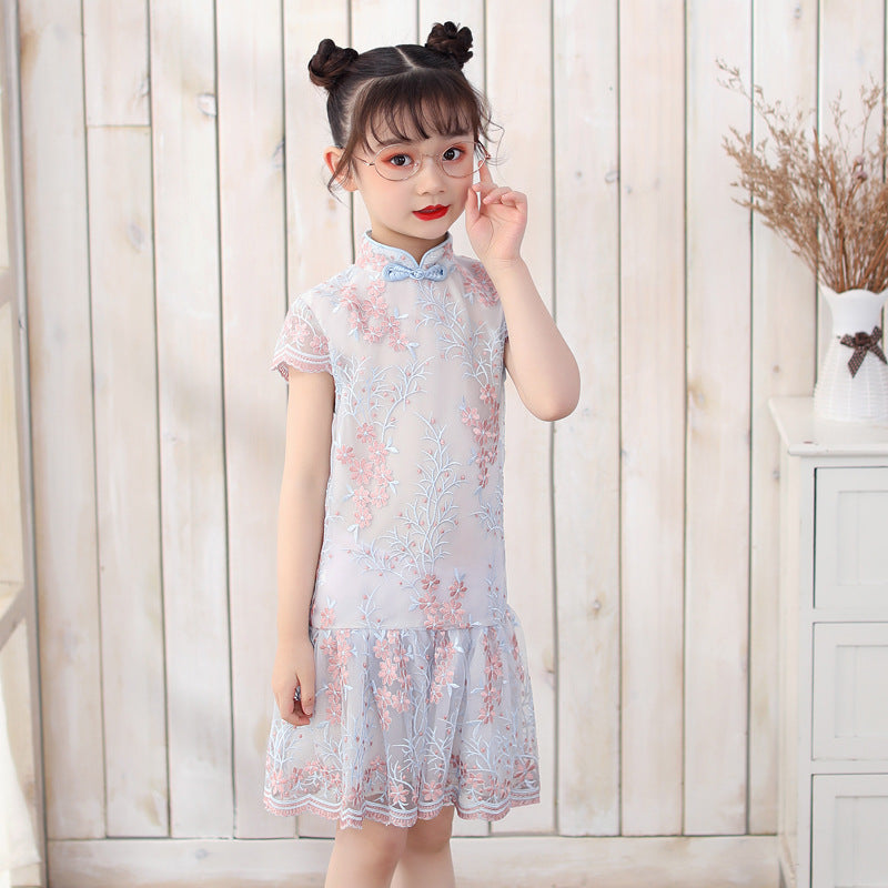 Cap Sleeve Cheongsam Top Pleated Skirt Floral Lace Girl's Chinese Dress