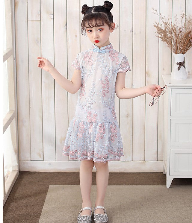 Cap Sleeve Cheongsam Top Pleated Skirt Floral Lace Girl's Chinese Dress