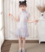 Cap Sleeve Cheongsam Top Pleated Skirt Floral Lace Girl's Chinese Dress