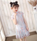 Cap Sleeve Cheongsam Top Pleated Skirt Floral Lace Girl's Chinese Dress