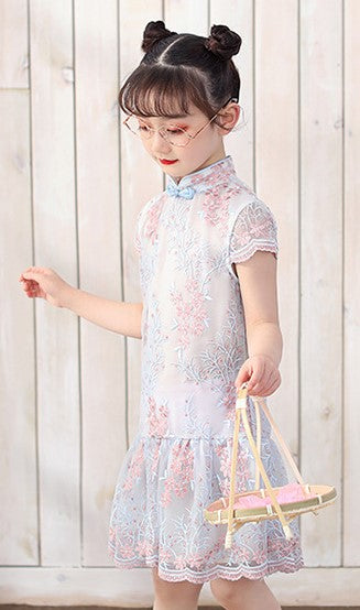 Cap Sleeve Cheongsam Top Pleated Skirt Floral Lace Girl's Chinese Dress