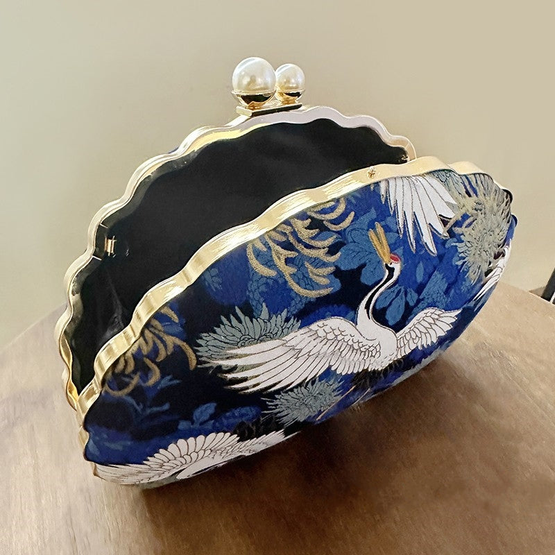 Chinese Style Shell-shaped Crane Pattern Evening Bag with Pearl Handle