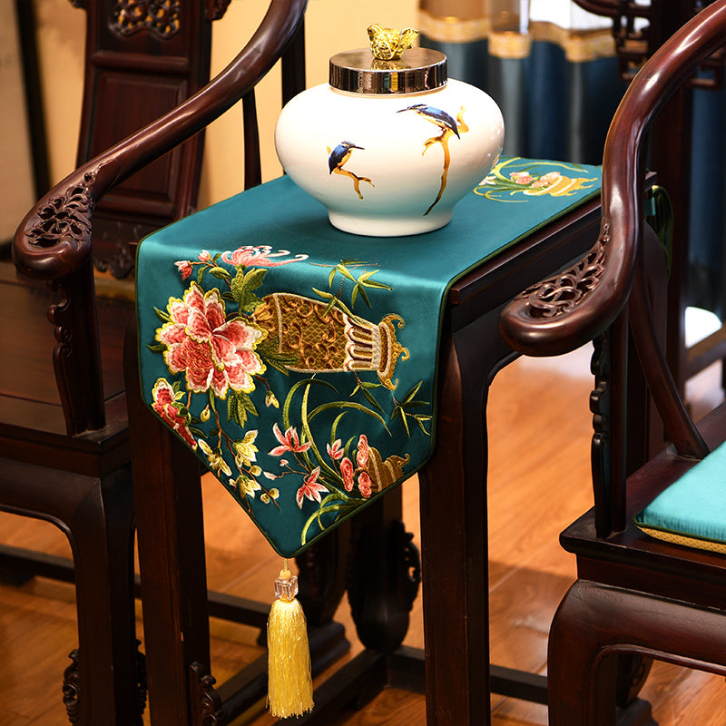 Floral Embroidery Brocade Oriental Table Runner Table Cloth