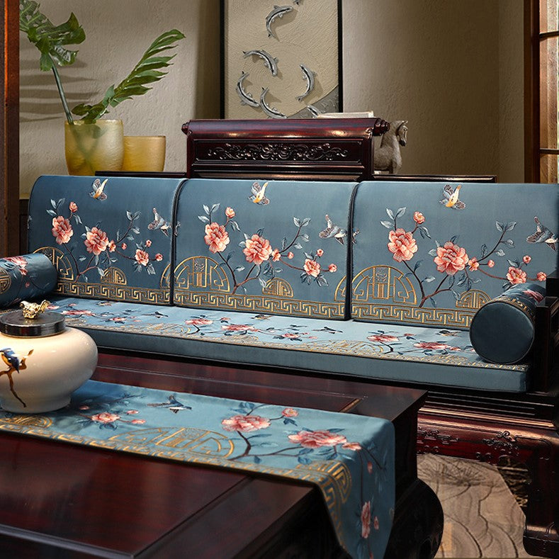 Bird & Floral Embroidery Brocade Traditional Chinese Seat Cushion