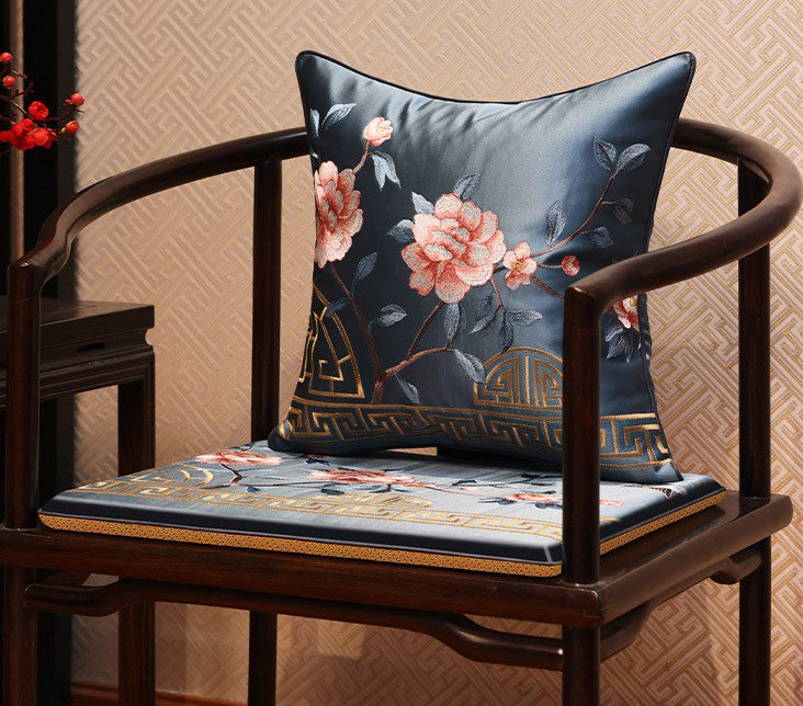 Bird & Floral Embroidery Brocade Traditional Chinese Seat Cushion