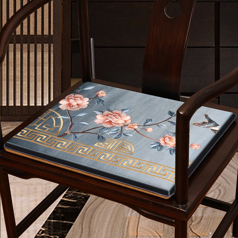 Bird & Floral Embroidery Brocade Traditional Chinese Seat Cushion