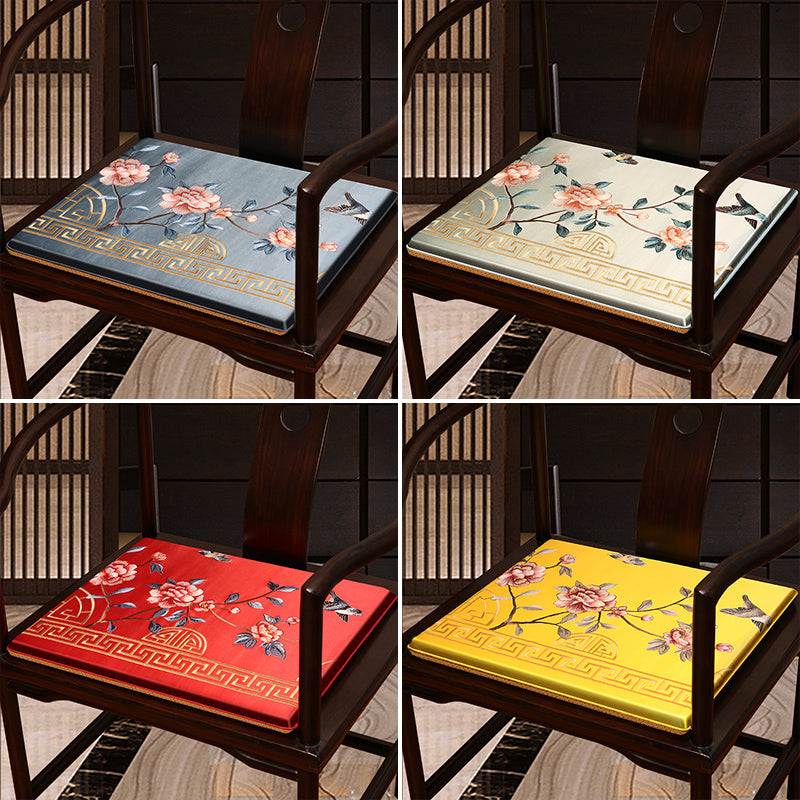Bird & Floral Embroidery Brocade Traditional Chinese Seat Cushion