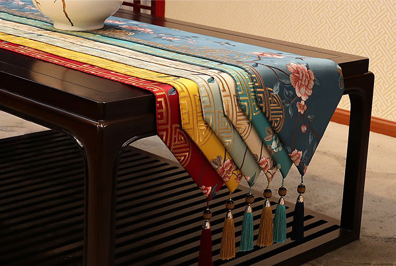 Bird & Floral Embroidery Brocade Oriental Table Runner Table Cloth